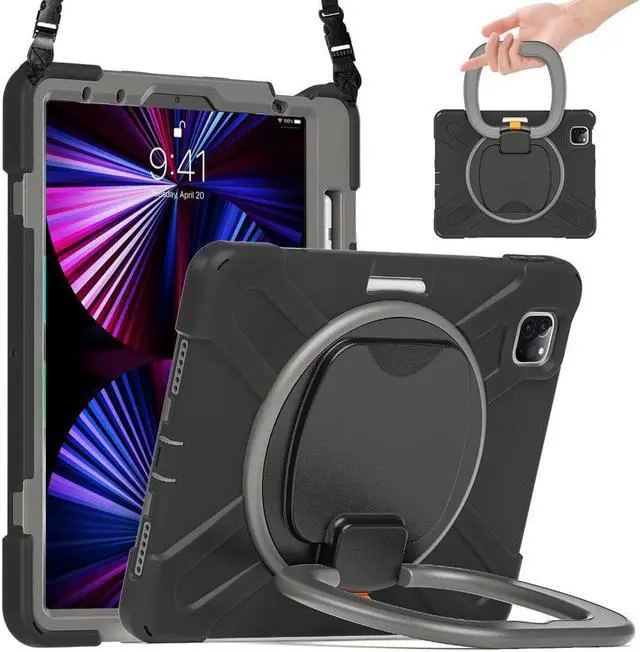 Main image of Case for iPad Pro 11 inch 2022 2021 2020 2018/ iPad Air 4 / Air 5 10.9 Inch, 360° Rotating Kickstand Shockproof Cover with Built-in Stand & Shoulder Strap & Pencil Holder Gray