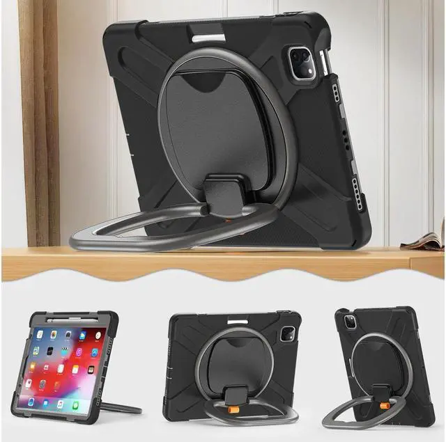 Alt view image 5 of 7 - Case for iPad Pro 11 inch 2022 2021 2020 2018/ iPad Air 4 / Air 5 10.9 Inch, 360° Rotating Kickstand Shockproof Cover with Built-in Stand & Shoulder Strap & Pencil Holder Gray