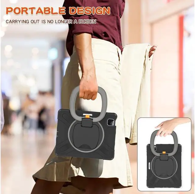 Alt view image 3 of 7 - Case for iPad Pro 11 inch 2022 2021 2020 2018/ iPad Air 4 / Air 5 10.9 Inch, 360° Rotating Kickstand Shockproof Cover with Built-in Stand & Shoulder Strap & Pencil Holder Gray