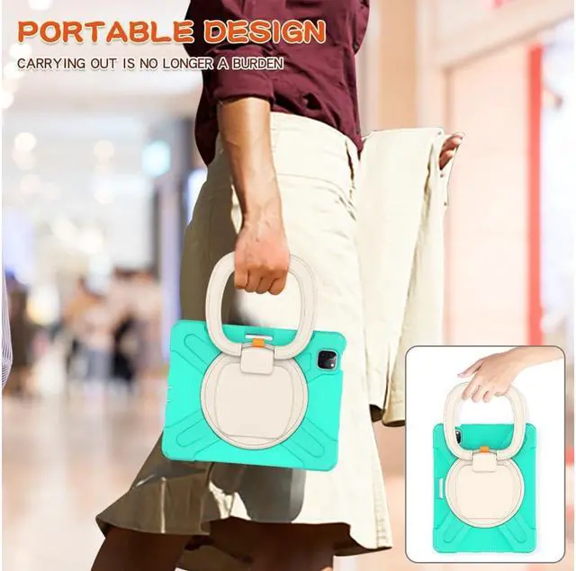 Alt view image 3 of 7 - Case for iPad Pro 11 inch 2022 2021 2020 2018/ iPad Air 4 / Air 5 10.9 Inch, 360° Rotating Kickstand Shockproof Cover with Built-in Stand & Shoulder Strap & Pencil Holder Green