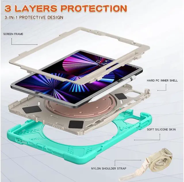 Alt view image 4 of 7 - Case for iPad Pro 11 inch 2022 2021 2020 2018/ iPad Air 4 / Air 5 10.9 Inch, 360° Rotating Kickstand Shockproof Cover with Built-in Stand & Shoulder Strap & Pencil Holder Green