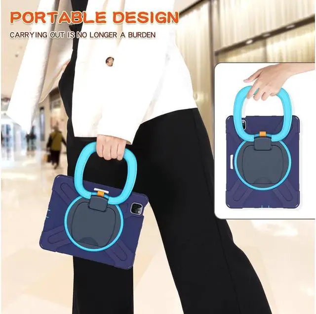 Alt view image 2 of 7 - Case for iPad Pro 11 inch 2022 2021 2020 2018/ iPad Air 4 / Air 5 10.9 Inch, 360° Rotating Kickstand Shockproof Cover with Built-in Stand & Shoulder Strap & Pencil Holder Navy Blue