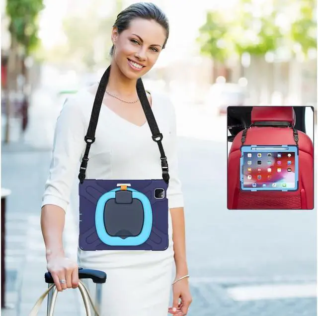 Alt view image 3 of 7 - Case for iPad Pro 11 inch 2022 2021 2020 2018/ iPad Air 4 / Air 5 10.9 Inch, 360° Rotating Kickstand Shockproof Cover with Built-in Stand & Shoulder Strap & Pencil Holder Navy Blue