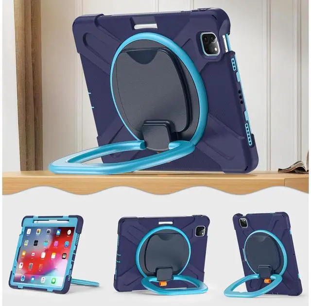 Alt view image 4 of 7 - Case for iPad Pro 11 inch 2022 2021 2020 2018/ iPad Air 4 / Air 5 10.9 Inch, 360° Rotating Kickstand Shockproof Cover with Built-in Stand & Shoulder Strap & Pencil Holder Navy Blue
