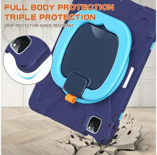 Alt view image 5 of 7 - Case for iPad Pro 11 inch 2022 2021 2020 2018/ iPad Air 4 / Air 5 10.9 Inch, 360° Rotating Kickstand Shockproof Cover with Built-in Stand & Shoulder Strap & Pencil Holder Navy Blue
