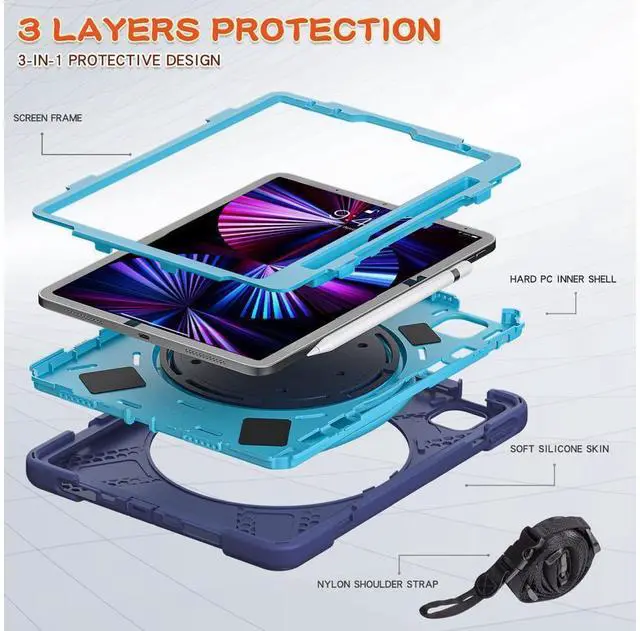 Alt view image 6 of 7 - Case for iPad Pro 11 inch 2022 2021 2020 2018/ iPad Air 4 / Air 5 10.9 Inch, 360° Rotating Kickstand Shockproof Cover with Built-in Stand & Shoulder Strap & Pencil Holder Navy Blue