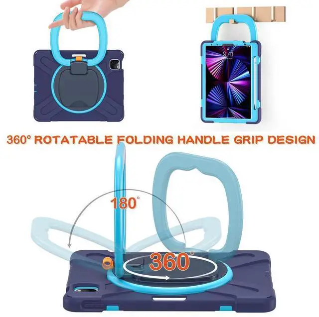 Alt view image 7 of 7 - Case for iPad Pro 11 inch 2022 2021 2020 2018/ iPad Air 4 / Air 5 10.9 Inch, 360° Rotating Kickstand Shockproof Cover with Built-in Stand & Shoulder Strap & Pencil Holder Navy Blue