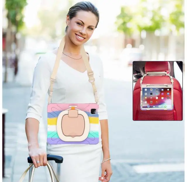 Alt view image 5 of 7 - Case for iPad Pro 11 inch 2022 2021 2020 2018/ iPad Air 4 / Air 5 10.9 Inch, 360° Rotating Kickstand Shockproof Cover with Built-in Stand & Shoulder Strap & Pencil Holder Pink