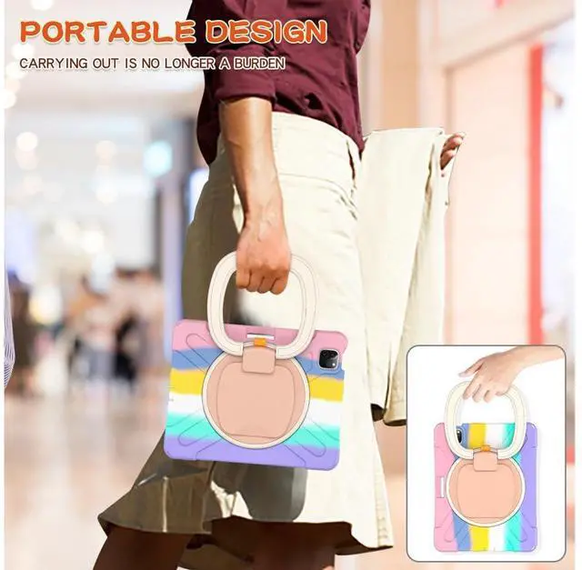 Alt view image 3 of 7 - Case for iPad Pro 11 inch 2022 2021 2020 2018/ iPad Air 4 / Air 5 10.9 Inch, 360° Rotating Kickstand Shockproof Cover with Built-in Stand & Shoulder Strap & Pencil Holder Pink