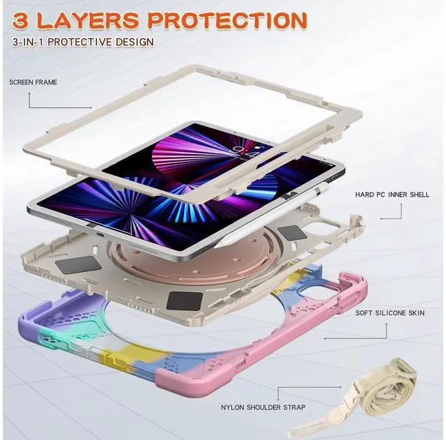 Alt view image 2 of 7 - Case for iPad Pro 11 inch 2022 2021 2020 2018/ iPad Air 4 / Air 5 10.9 Inch, 360° Rotating Kickstand Shockproof Cover with Built-in Stand & Shoulder Strap & Pencil Holder Pink