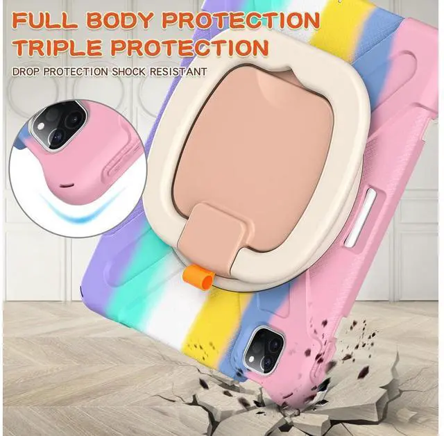 Alt view image 7 of 7 - Case for iPad Pro 11 inch 2022 2021 2020 2018/ iPad Air 4 / Air 5 10.9 Inch, 360° Rotating Kickstand Shockproof Cover with Built-in Stand & Shoulder Strap & Pencil Holder Pink