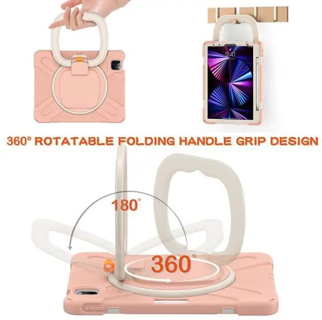 Alt view image 6 of 7 - Case for iPad Pro 11 inch 2022 2021 2020 2018/ iPad Air 4 / Air 5 10.9 Inch, 360° Rotating Kickstand Shockproof Cover with Built-in Stand & Shoulder Strap & Pencil Holder Rose Gold