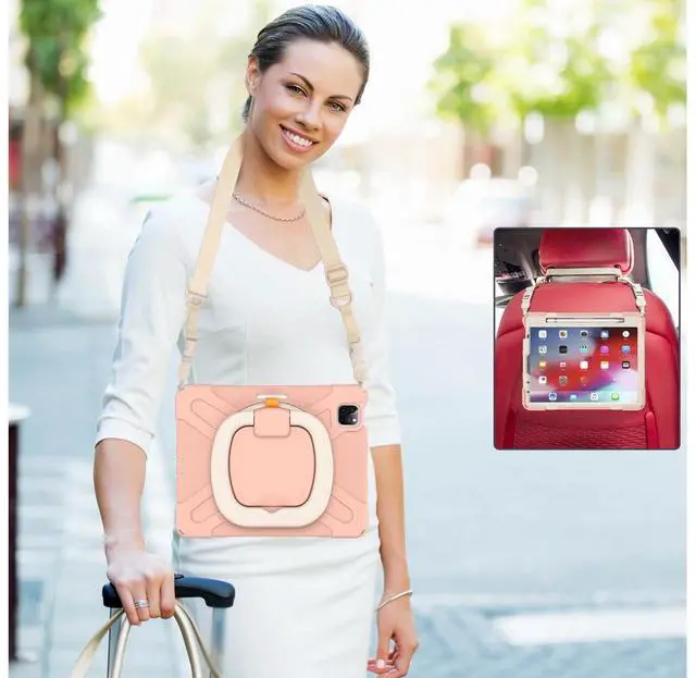 Alt view image 5 of 7 - Case for iPad Pro 11 inch 2022 2021 2020 2018/ iPad Air 4 / Air 5 10.9 Inch, 360° Rotating Kickstand Shockproof Cover with Built-in Stand & Shoulder Strap & Pencil Holder Rose Gold