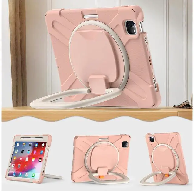 Alt view image 4 of 7 - Case for iPad Pro 11 inch 2022 2021 2020 2018/ iPad Air 4 / Air 5 10.9 Inch, 360° Rotating Kickstand Shockproof Cover with Built-in Stand & Shoulder Strap & Pencil Holder Rose Gold