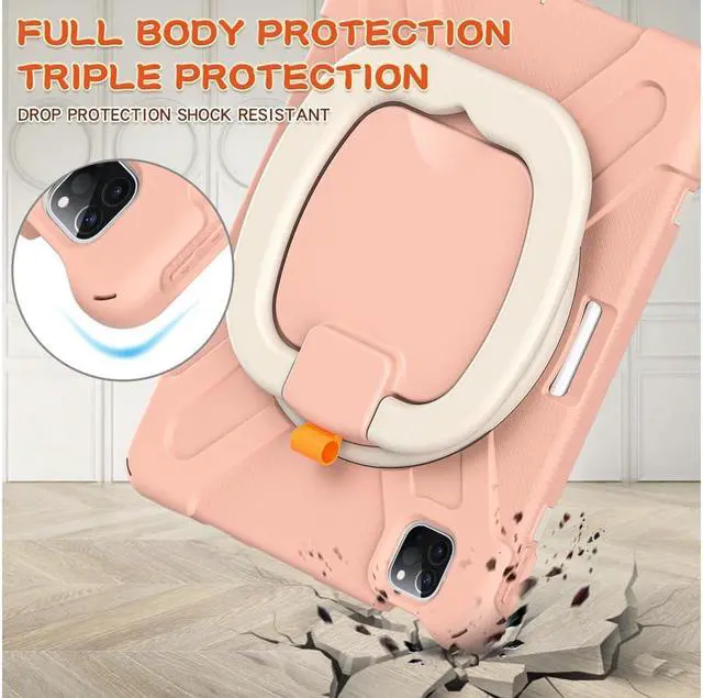 Alt view image 3 of 7 - Case for iPad Pro 11 inch 2022 2021 2020 2018/ iPad Air 4 / Air 5 10.9 Inch, 360° Rotating Kickstand Shockproof Cover with Built-in Stand & Shoulder Strap & Pencil Holder Rose Gold