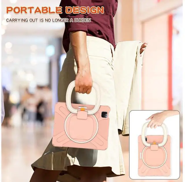 Alt view image 7 of 7 - Case for iPad Pro 11 inch 2022 2021 2020 2018/ iPad Air 4 / Air 5 10.9 Inch, 360° Rotating Kickstand Shockproof Cover with Built-in Stand & Shoulder Strap & Pencil Holder Rose Gold