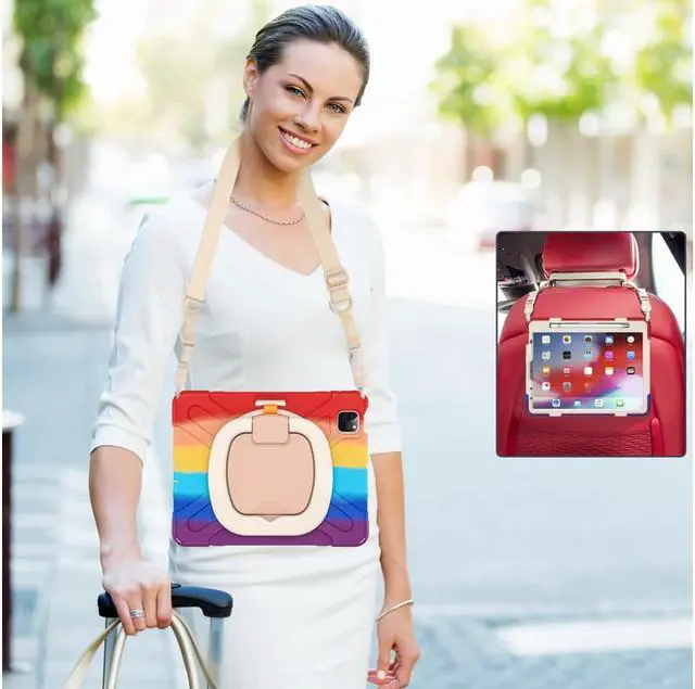 Alt view image 2 of 7 - Case for iPad Pro 11 inch 2022 2021 2020 2018/ iPad Air 4 / Air 5 10.9 Inch, 360° Rotating Kickstand Shockproof Cover with Built-in Stand & Shoulder Strap & Pencil Holder Rainbow Red