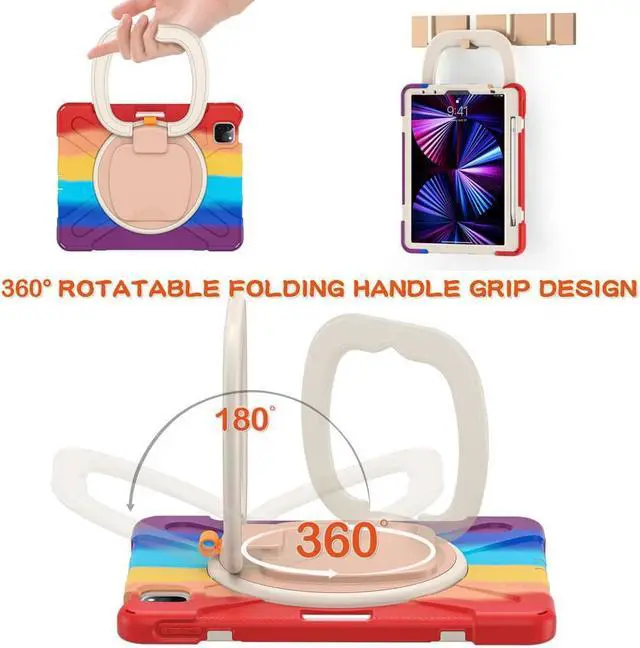 Alt view image 4 of 7 - Case for iPad Pro 11 inch 2022 2021 2020 2018/ iPad Air 4 / Air 5 10.9 Inch, 360° Rotating Kickstand Shockproof Cover with Built-in Stand & Shoulder Strap & Pencil Holder Rainbow Red