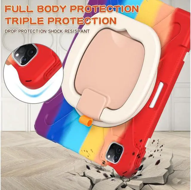 Alt view image 3 of 7 - Case for iPad Pro 11 inch 2022 2021 2020 2018/ iPad Air 4 / Air 5 10.9 Inch, 360° Rotating Kickstand Shockproof Cover with Built-in Stand & Shoulder Strap & Pencil Holder Rainbow Red