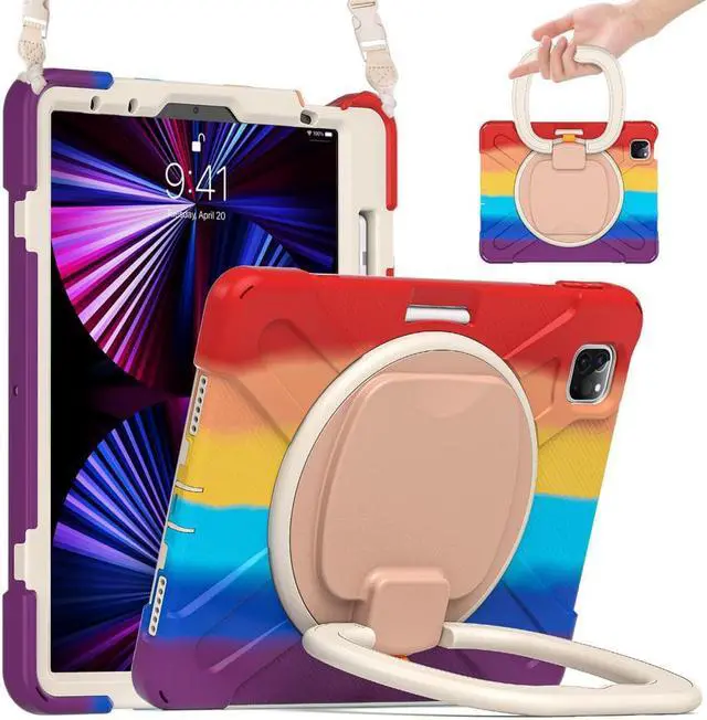 Main image of Case for iPad Pro 11 inch 2022 2021 2020 2018/ iPad Air 4 / Air 5 10.9 Inch, 360° Rotating Kickstand Shockproof Cover with Built-in Stand & Shoulder Strap & Pencil Holder Rainbow Red