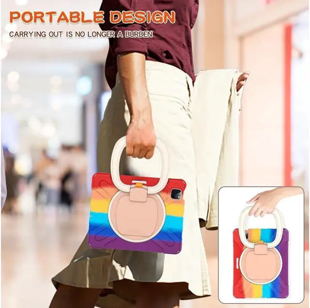 Alt view image 5 of 7 - Case for iPad Pro 11 inch 2022 2021 2020 2018/ iPad Air 4 / Air 5 10.9 Inch, 360° Rotating Kickstand Shockproof Cover with Built-in Stand & Shoulder Strap & Pencil Holder Rainbow Red