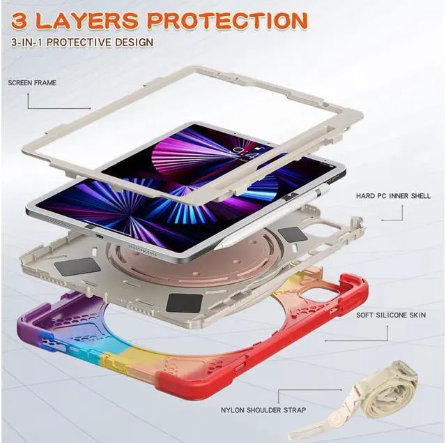 Alt view image 7 of 7 - Case for iPad Pro 11 inch 2022 2021 2020 2018/ iPad Air 4 / Air 5 10.9 Inch, 360° Rotating Kickstand Shockproof Cover with Built-in Stand & Shoulder Strap & Pencil Holder Rainbow Red