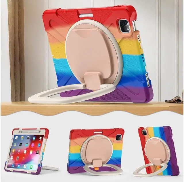 Alt view image 6 of 7 - Case for iPad Pro 11 inch 2022 2021 2020 2018/ iPad Air 4 / Air 5 10.9 Inch, 360° Rotating Kickstand Shockproof Cover with Built-in Stand & Shoulder Strap & Pencil Holder Rainbow Red