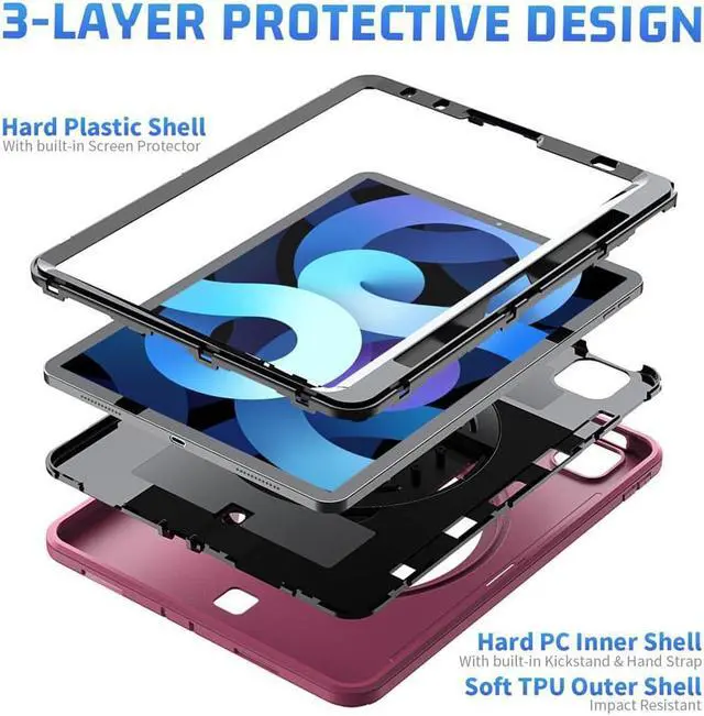 Alt view image 2 of 7 - Case for iPad Air 5 / Air 4 10.9 inch 2022 2020 and iPad Pro 11 inch 2022 2021 2020 2018 with Pencil Holder Screen Protector & Stand /Shoulder Strap Kickstand Rose Red