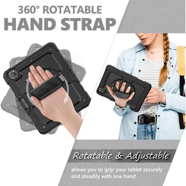 Alt view image 5 of 7 - iPad Pro 12.9 inch Case 2022 2021 2020 2018 with Pencil Holder, Shockproof Cover with Built-in Screen Protector, Hand Strap, Shoulder Strap, Kickstand for iPad Pro 12.9" 6th 5th 4th 3rd Gen