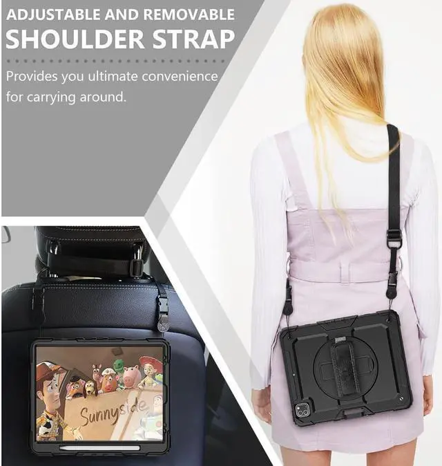 Alt view image 6 of 7 - iPad Pro 12.9 inch Case 2022 2021 2020 2018 with Pencil Holder, Shockproof Cover with Built-in Screen Protector, Hand Strap, Shoulder Strap, Kickstand for iPad Pro 12.9" 6th 5th 4th 3rd Gen