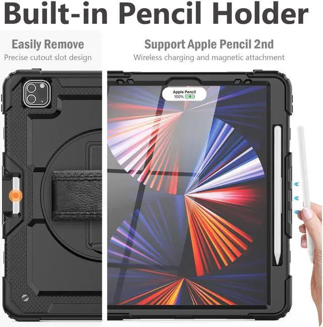 Alt view image 7 of 7 - iPad Pro 12.9 inch Case 2022 2021 2020 2018 with Pencil Holder, Shockproof Cover with Built-in Screen Protector, Hand Strap, Shoulder Strap, Kickstand for iPad Pro 12.9" 6th 5th 4th 3rd Gen