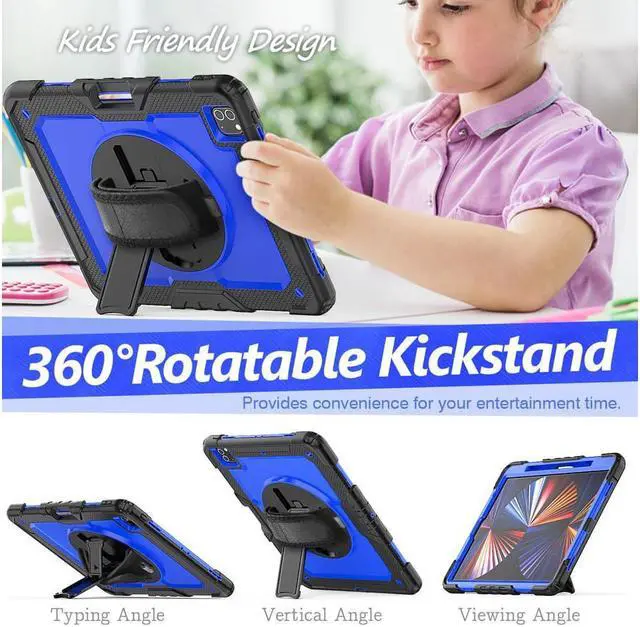 Alt view image 3 of 7 - iPad Pro 12.9 inch Case 2022 2021 2020 2018 with Pencil Holder, Shockproof Cover with Built-in Screen Protector, Hand Strap, Shoulder Strap, Kickstand for iPad Pro 12.9" 6th 5th 4th 3rd Gen Blue