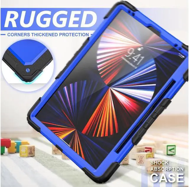 Alt view image 2 of 7 - iPad Pro 12.9 inch Case 2022 2021 2020 2018 with Pencil Holder, Shockproof Cover with Built-in Screen Protector, Hand Strap, Shoulder Strap, Kickstand for iPad Pro 12.9" 6th 5th 4th 3rd Gen Blue