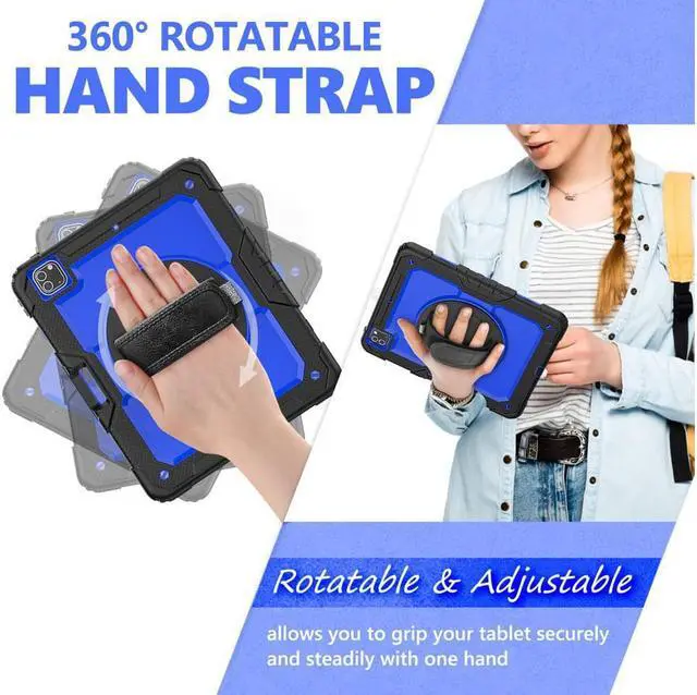 Alt view image 5 of 7 - iPad Pro 12.9 inch Case 2022 2021 2020 2018 with Pencil Holder, Shockproof Cover with Built-in Screen Protector, Hand Strap, Shoulder Strap, Kickstand for iPad Pro 12.9" 6th 5th 4th 3rd Gen Blue
