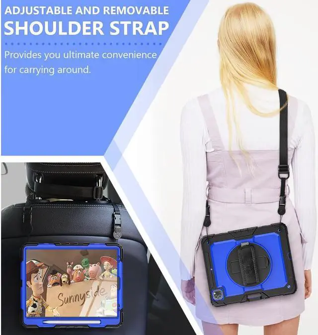Alt view image 6 of 7 - iPad Pro 12.9 inch Case 2022 2021 2020 2018 with Pencil Holder, Shockproof Cover with Built-in Screen Protector, Hand Strap, Shoulder Strap, Kickstand for iPad Pro 12.9" 6th 5th 4th 3rd Gen Blue