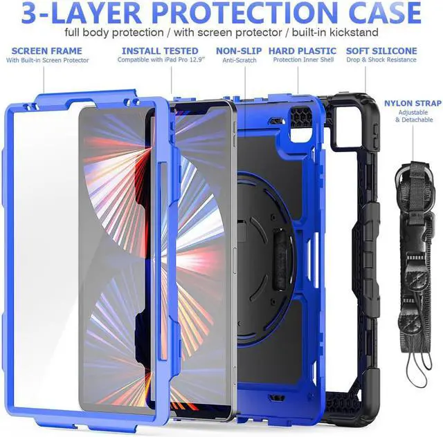 Alt view image 7 of 7 - iPad Pro 12.9 inch Case 2022 2021 2020 2018 with Pencil Holder, Shockproof Cover with Built-in Screen Protector, Hand Strap, Shoulder Strap, Kickstand for iPad Pro 12.9" 6th 5th 4th 3rd Gen Blue