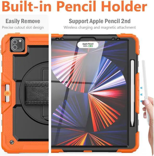Alt view image 4 of 7 - iPad Pro 12.9 inch Case 2022 2021 2020 2018 with Pencil Holder, Shockproof Cover with Built-in Screen Protector, Hand Strap, Shoulder Strap, Kickstand for iPad Pro 12.9" 6th 5th 4th 3rd Gen Orange