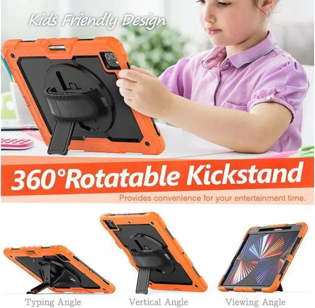 Alt view image 5 of 7 - iPad Pro 12.9 inch Case 2022 2021 2020 2018 with Pencil Holder, Shockproof Cover with Built-in Screen Protector, Hand Strap, Shoulder Strap, Kickstand for iPad Pro 12.9" 6th 5th 4th 3rd Gen Orange