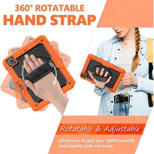 Alt view image 3 of 7 - iPad Pro 12.9 inch Case 2022 2021 2020 2018 with Pencil Holder, Shockproof Cover with Built-in Screen Protector, Hand Strap, Shoulder Strap, Kickstand for iPad Pro 12.9" 6th 5th 4th 3rd Gen Orange