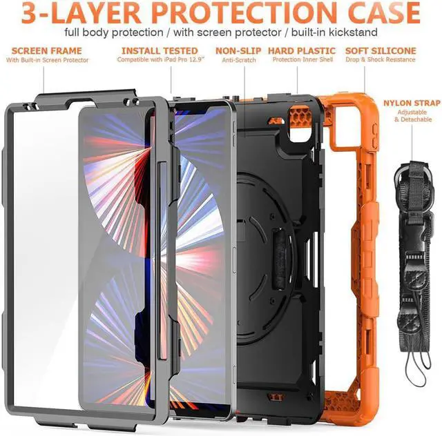 Alt view image 6 of 7 - iPad Pro 12.9 inch Case 2022 2021 2020 2018 with Pencil Holder, Shockproof Cover with Built-in Screen Protector, Hand Strap, Shoulder Strap, Kickstand for iPad Pro 12.9" 6th 5th 4th 3rd Gen Orange
