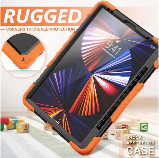 Alt view image 2 of 7 - iPad Pro 12.9 inch Case 2022 2021 2020 2018 with Pencil Holder, Shockproof Cover with Built-in Screen Protector, Hand Strap, Shoulder Strap, Kickstand for iPad Pro 12.9" 6th 5th 4th 3rd Gen Orange