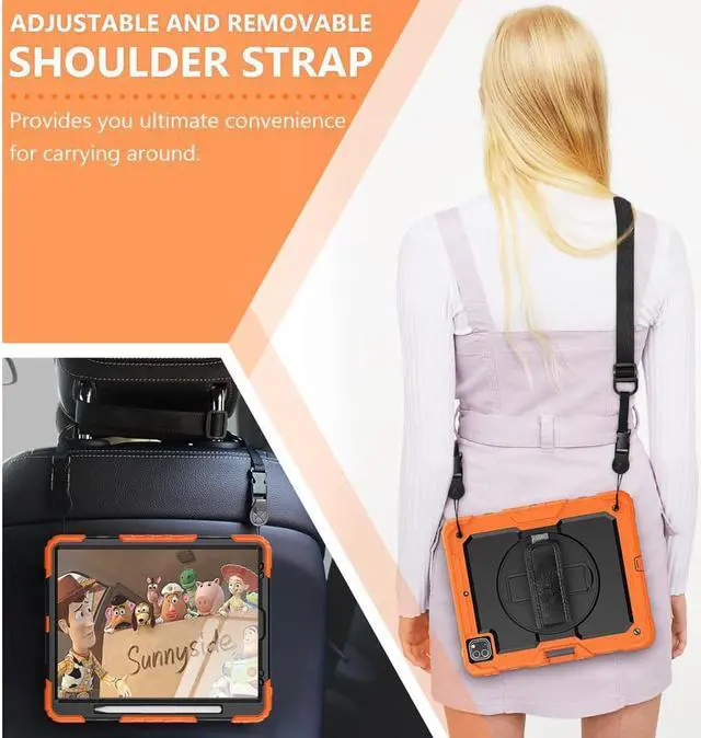 Alt view image 7 of 7 - iPad Pro 12.9 inch Case 2022 2021 2020 2018 with Pencil Holder, Shockproof Cover with Built-in Screen Protector, Hand Strap, Shoulder Strap, Kickstand for iPad Pro 12.9" 6th 5th 4th 3rd Gen Orange