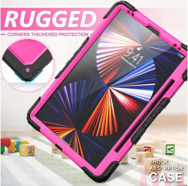 Alt view image 2 of 7 - iPad Pro 12.9 inch Case 2022 2021 2020 2018 with Pencil Holder, Shockproof Cover with Built-in Screen Protector, Hand Strap, Shoulder Strap, Kickstand for iPad Pro 12.9" 6th 5th 4th 3rd Gen Rose Red