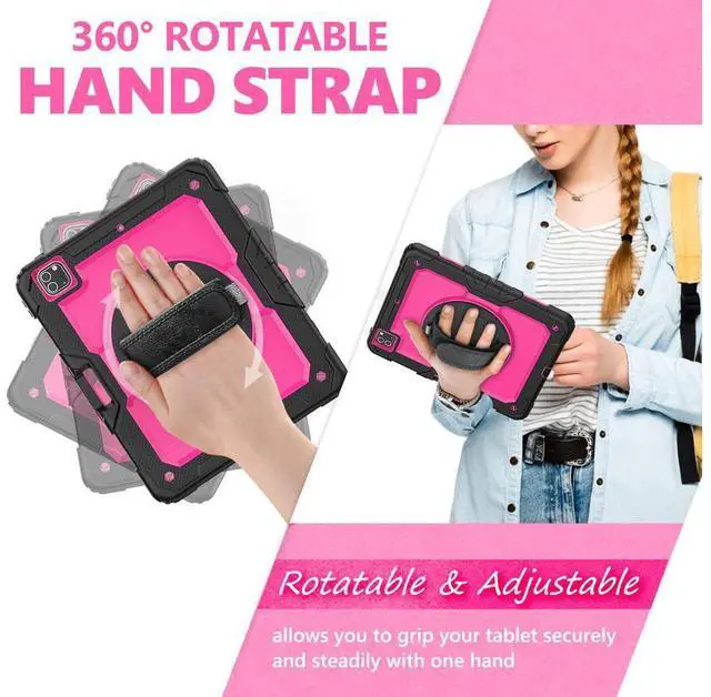 Alt view image 4 of 7 - iPad Pro 12.9 inch Case 2022 2021 2020 2018 with Pencil Holder, Shockproof Cover with Built-in Screen Protector, Hand Strap, Shoulder Strap, Kickstand for iPad Pro 12.9" 6th 5th 4th 3rd Gen Rose Red