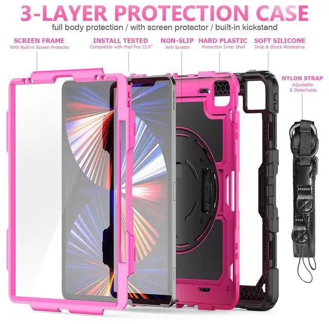 Alt view image 5 of 7 - iPad Pro 12.9 inch Case 2022 2021 2020 2018 with Pencil Holder, Shockproof Cover with Built-in Screen Protector, Hand Strap, Shoulder Strap, Kickstand for iPad Pro 12.9" 6th 5th 4th 3rd Gen Rose Red