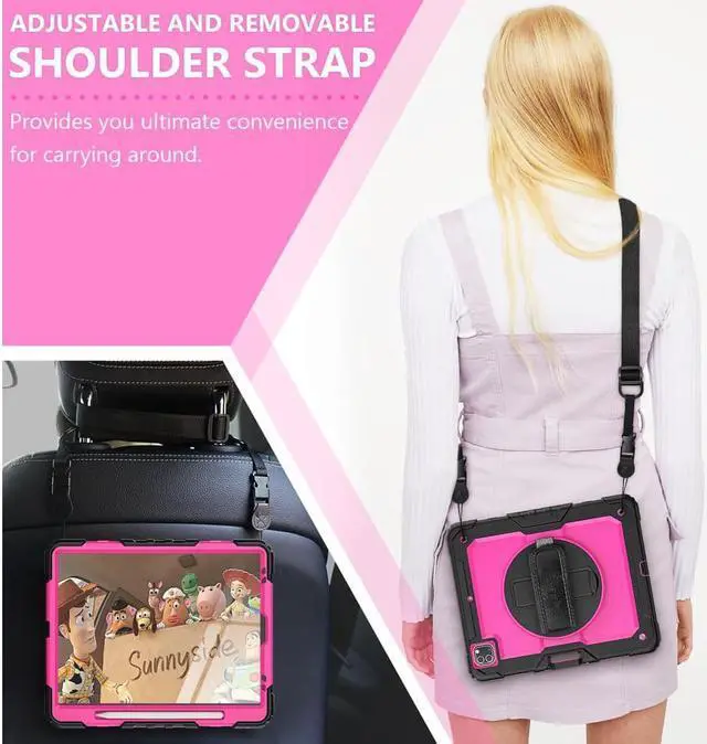 Alt view image 3 of 7 - iPad Pro 12.9 inch Case 2022 2021 2020 2018 with Pencil Holder, Shockproof Cover with Built-in Screen Protector, Hand Strap, Shoulder Strap, Kickstand for iPad Pro 12.9" 6th 5th 4th 3rd Gen Rose Red