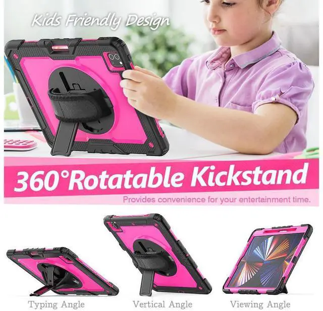Alt view image 6 of 7 - iPad Pro 12.9 inch Case 2022 2021 2020 2018 with Pencil Holder, Shockproof Cover with Built-in Screen Protector, Hand Strap, Shoulder Strap, Kickstand for iPad Pro 12.9" 6th 5th 4th 3rd Gen Rose Red