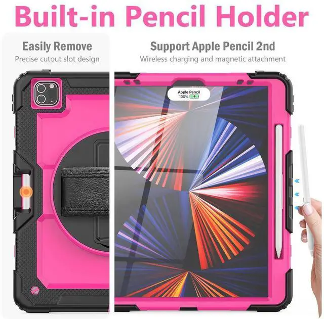 Alt view image 7 of 7 - iPad Pro 12.9 inch Case 2022 2021 2020 2018 with Pencil Holder, Shockproof Cover with Built-in Screen Protector, Hand Strap, Shoulder Strap, Kickstand for iPad Pro 12.9" 6th 5th 4th 3rd Gen Rose Red