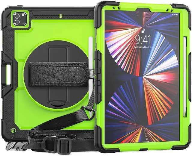 Main image of iPad Pro 12.9 inch Case 2022 2021 2020 2018 with Pencil Holder, Shockproof Cover with Built-in Screen Protector, Hand Strap, Shoulder Strap, Kickstand for iPad Pro 12.9" 6th 5th 4th 3rd Gen Green