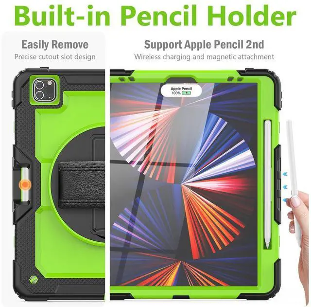 Alt view image 4 of 7 - iPad Pro 12.9 inch Case 2022 2021 2020 2018 with Pencil Holder, Shockproof Cover with Built-in Screen Protector, Hand Strap, Shoulder Strap, Kickstand for iPad Pro 12.9" 6th 5th 4th 3rd Gen Green